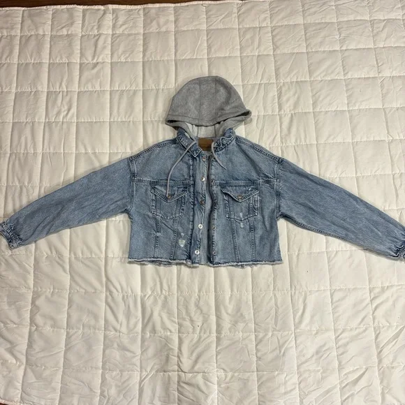 American Eagle Outfitters Blue Jean Jacket with Gray Hood - Picture 1 of 2